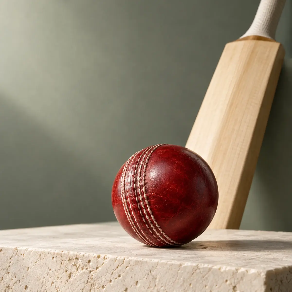 Generated editorial still life of a cricket ball and bat